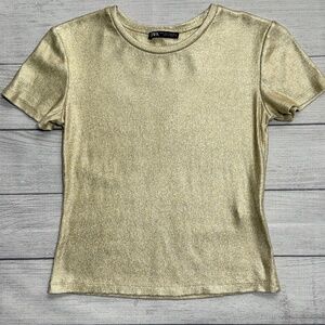 Zara Gold Shimmer Ribbed Short Sleeve Top Size Small